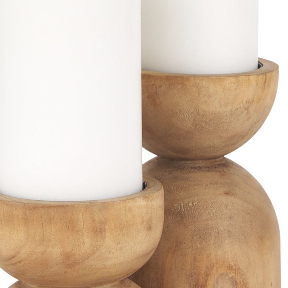 Set of Two Brown Distressed Geometric Solid Wood Pillar Candle Holders