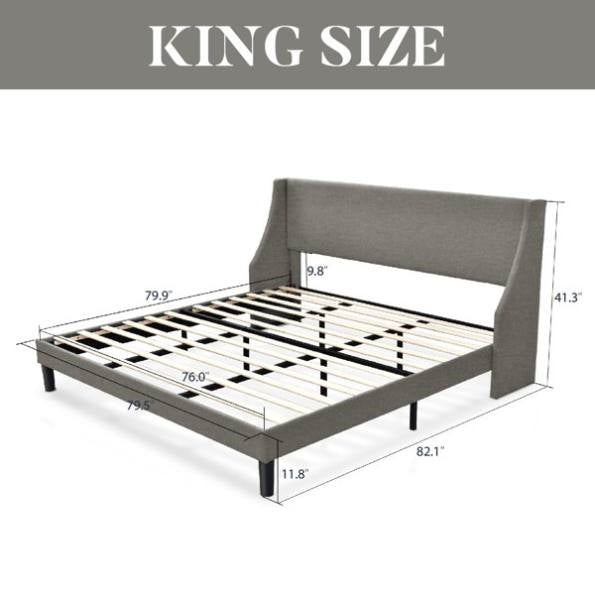 King Size Upholstered Wingback Platform Bed in Grey