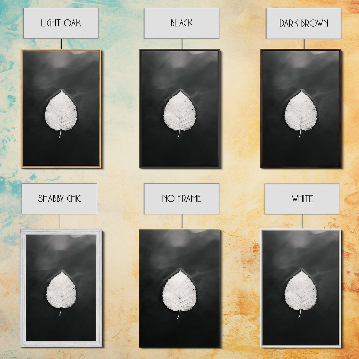 Set of framed leaf prints with various finishes on a textured background