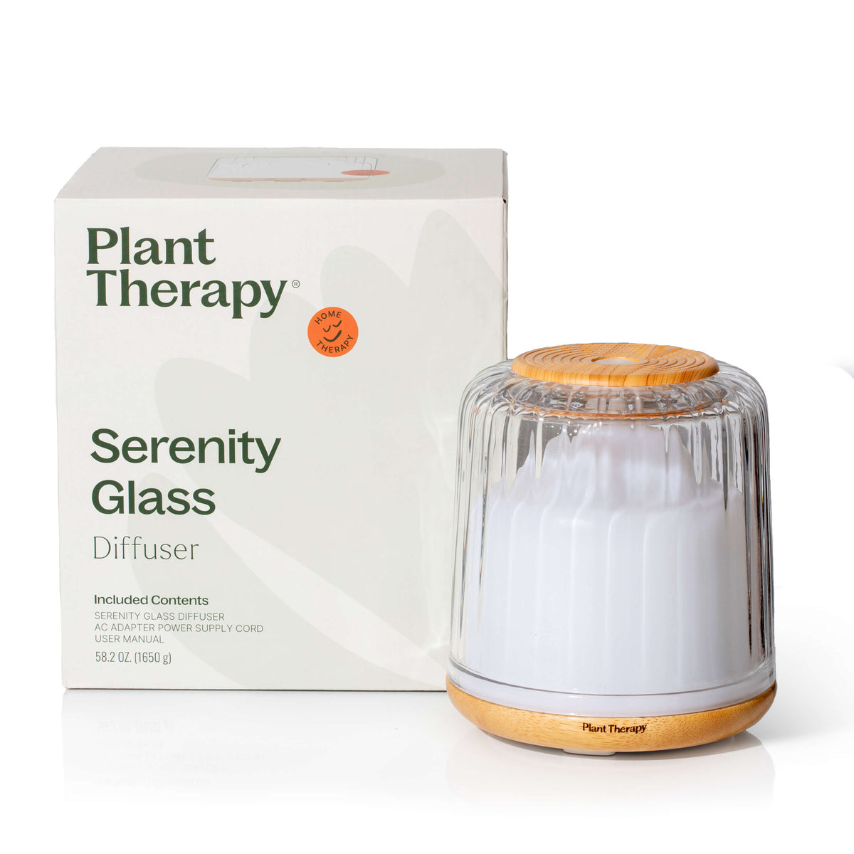 Plant Therapy Serenity Glass Diffuser with packaging on a white background
