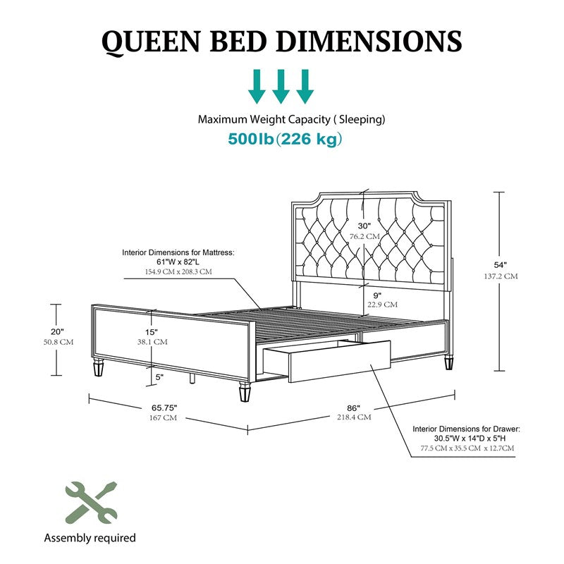 Victoria Wood Bed with Upholstered Headboard and Built-In Storage Drawer