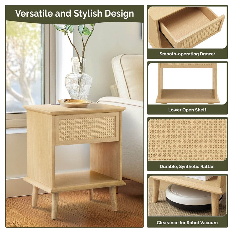 Teagan Rattan Side Table with Built-in Charging Station & LED Light