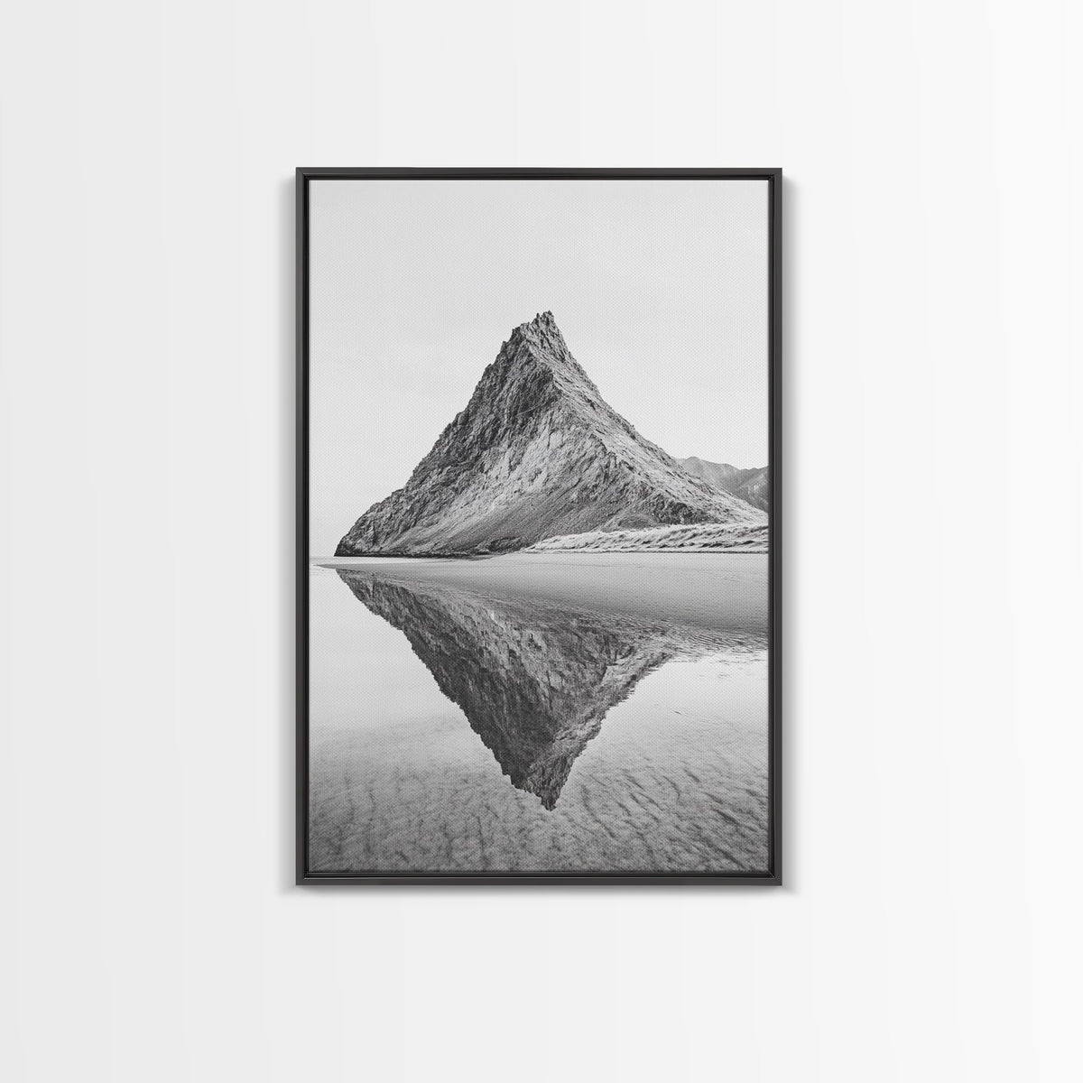 Mountain Mirror, Coastal Peak, Serene Beach, Canvas Print