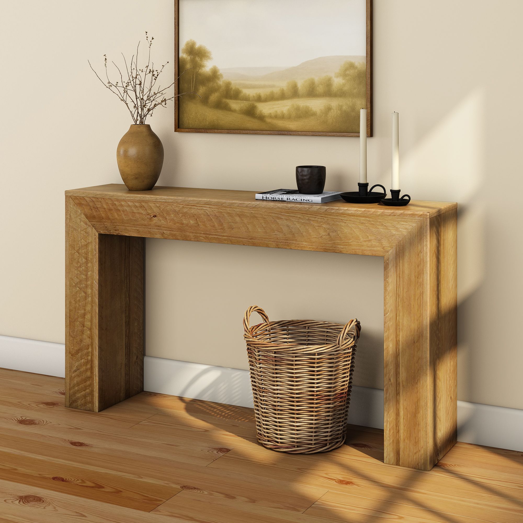 Rustic wooden console table styled with wicker basket, ceramic vase, candles and landscape wall art on hardwood floor Main image