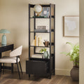 Tall black bookshelf with decorative items in a home office setting.