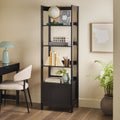 Tall black bookshelf with decorative items in a home office setting.