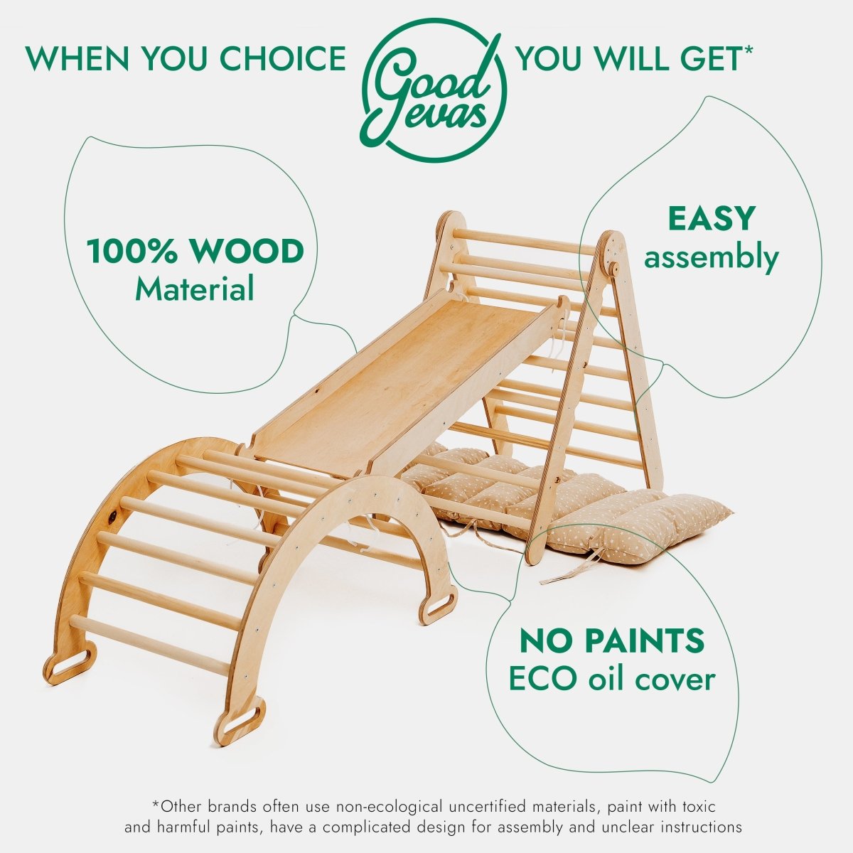 Wooden climbing toy with text highlighting features on a white background