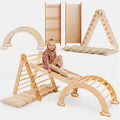 Child playing on a wooden climbing toy set with a white background