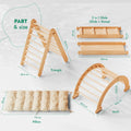 Wooden playground equipment set with measurements on a light gray background