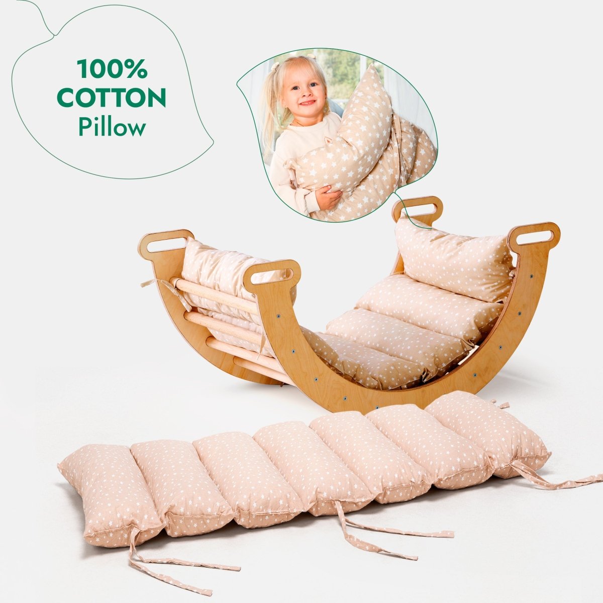 Baby rocking chair with 100% cotton pillow and child holding the pillow inset.