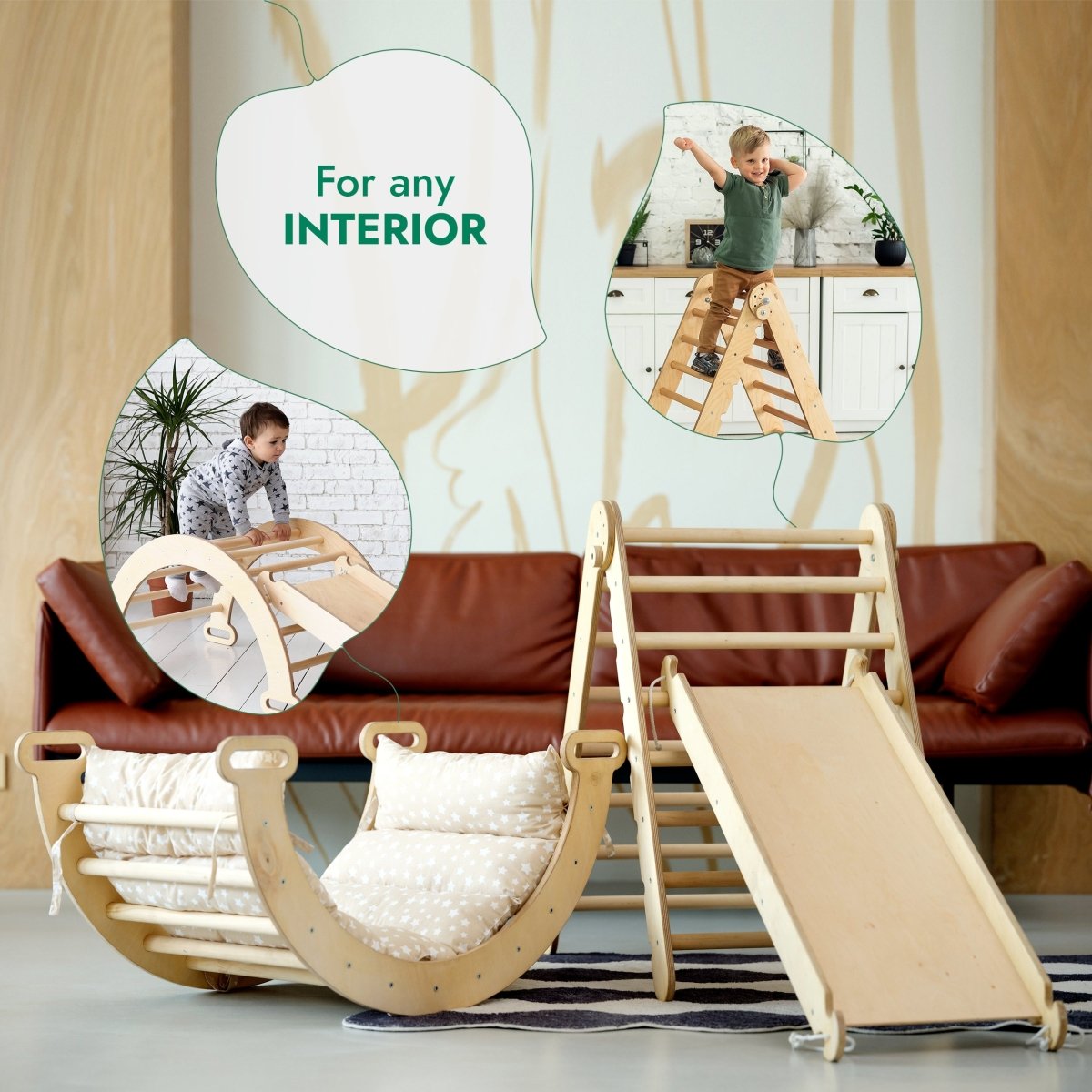 Children's play area with wooden slide, swing, and climbing frame in a living room setting.