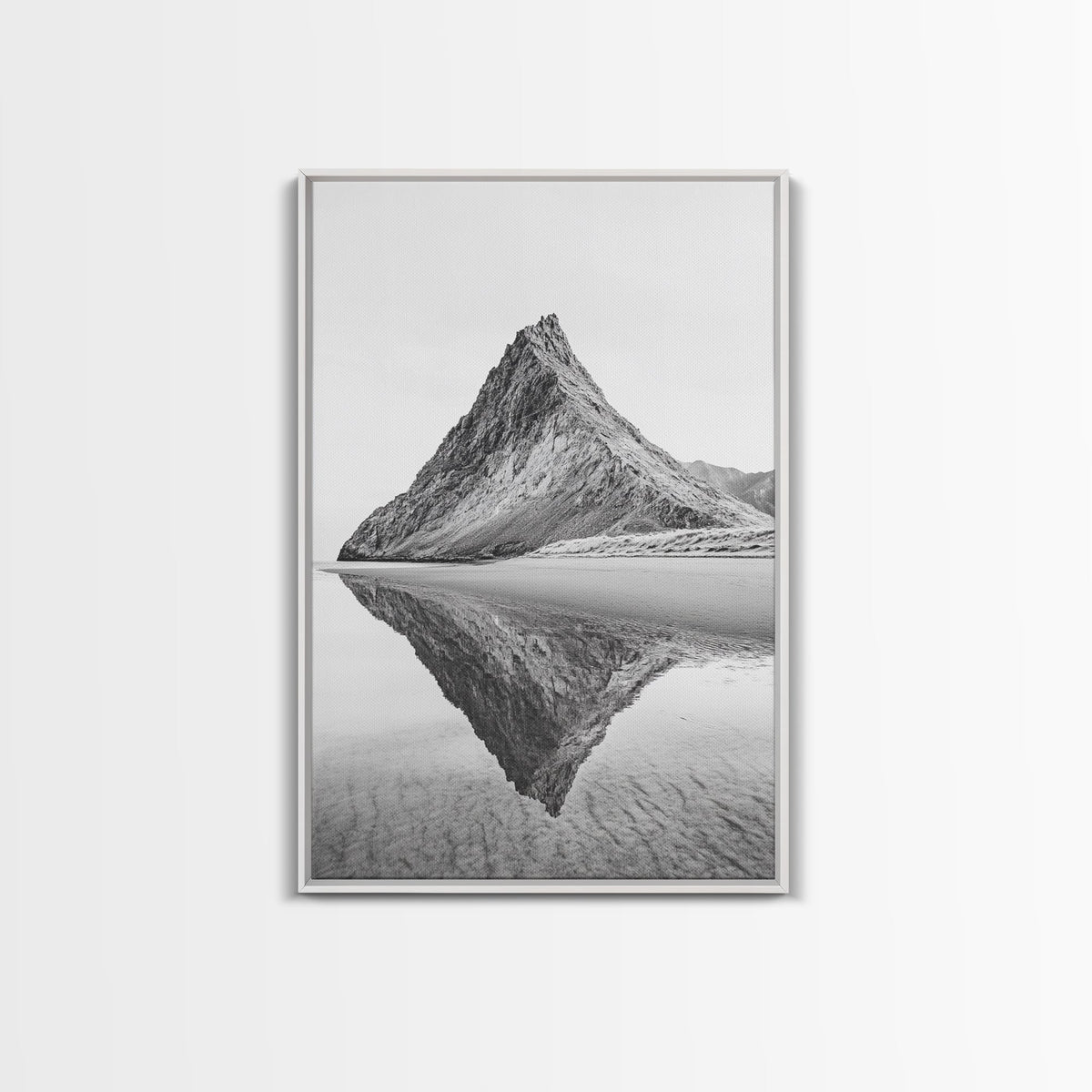 Mountain Mirror, Coastal Peak, Serene Beach, Canvas Print