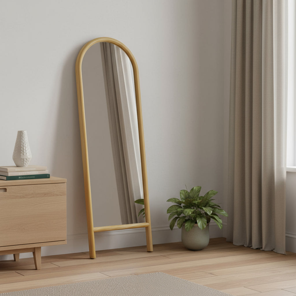 64" Natural Solid Wood Arch Leaning Framed Full Length Mirror Main image