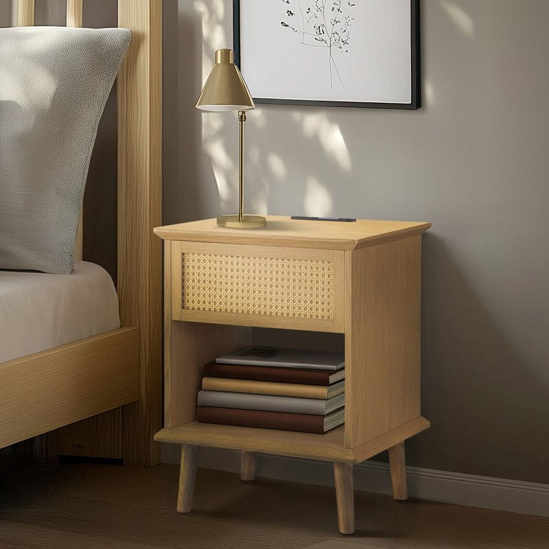 Teagan Rattan Side Table with Built-in Charging Station & LED Light