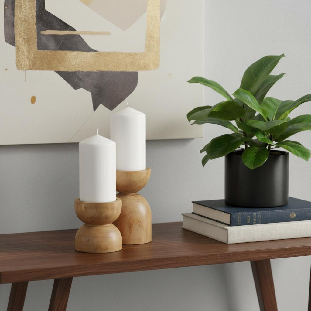 Set of Two Brown Distressed Geometric Solid Wood Pillar Candle Holders Main image