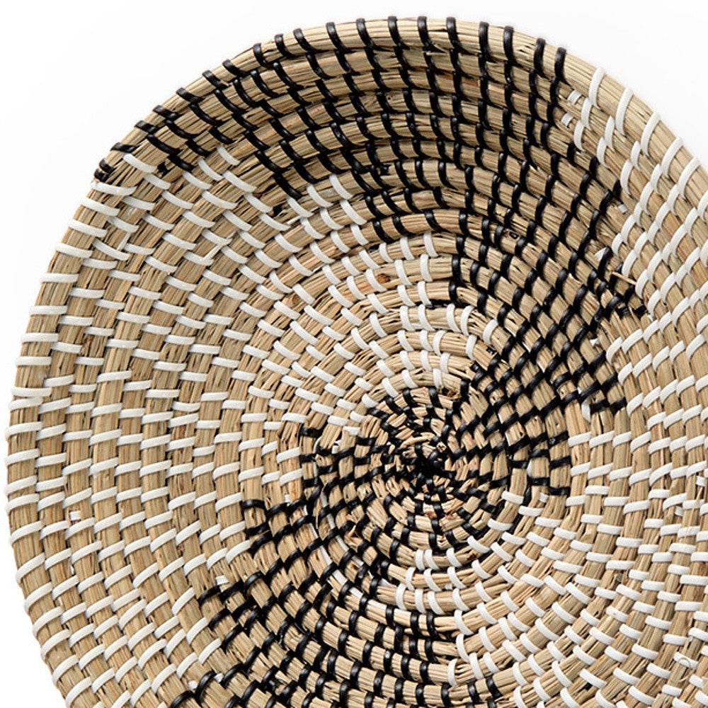 Luna 12" X 12" Black Light Brown And White Abstract Geometric Seagrass Circle Hanging Dimensional Sculpture