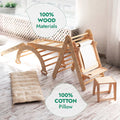 Wooden baby swing and chair with a pillow on a wooden floor, emphasizing 100% wood materials and a cotton pillow.