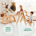 Children playing with a wooden climbing toy in a bright room.