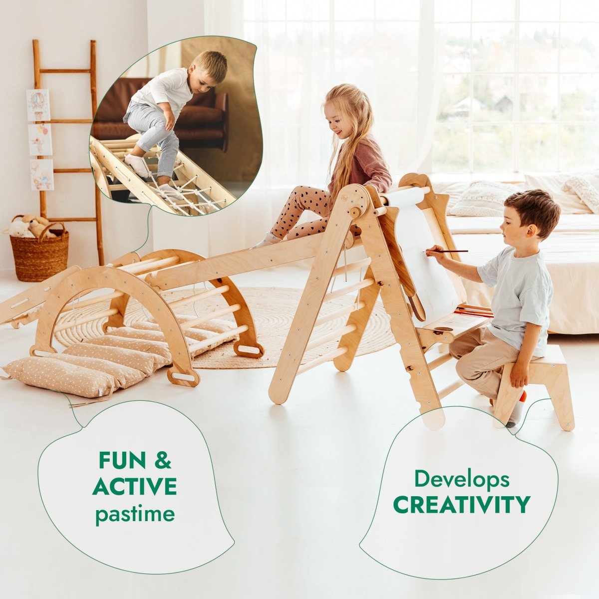 Children playing with a wooden climbing toy in a bright room.