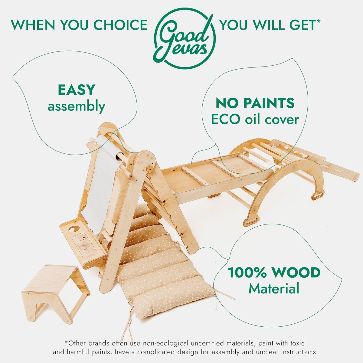 Wooden chair with assembly, eco oil cover, and 100% wood material features on a white background.