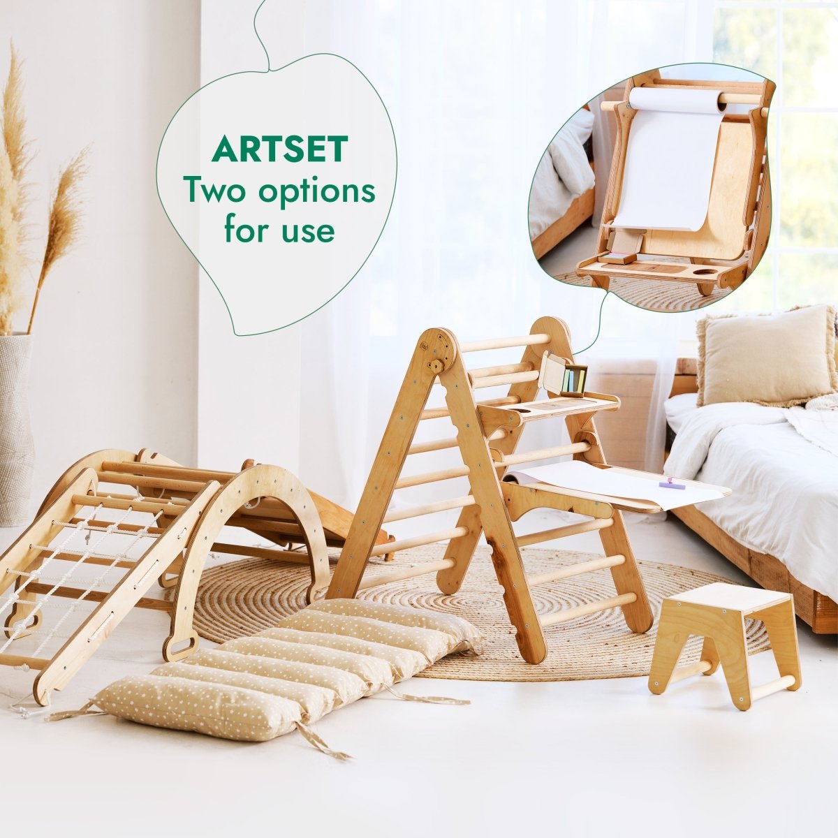 Wooden baby rocker and changing table set in a room with a bed and decorative elements.