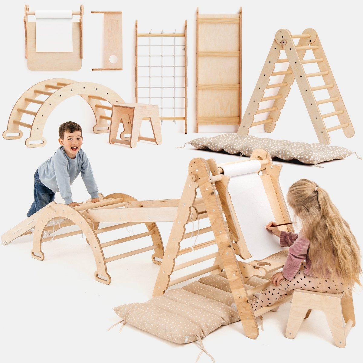 Children playing with wooden climbing structures on a white background Main image