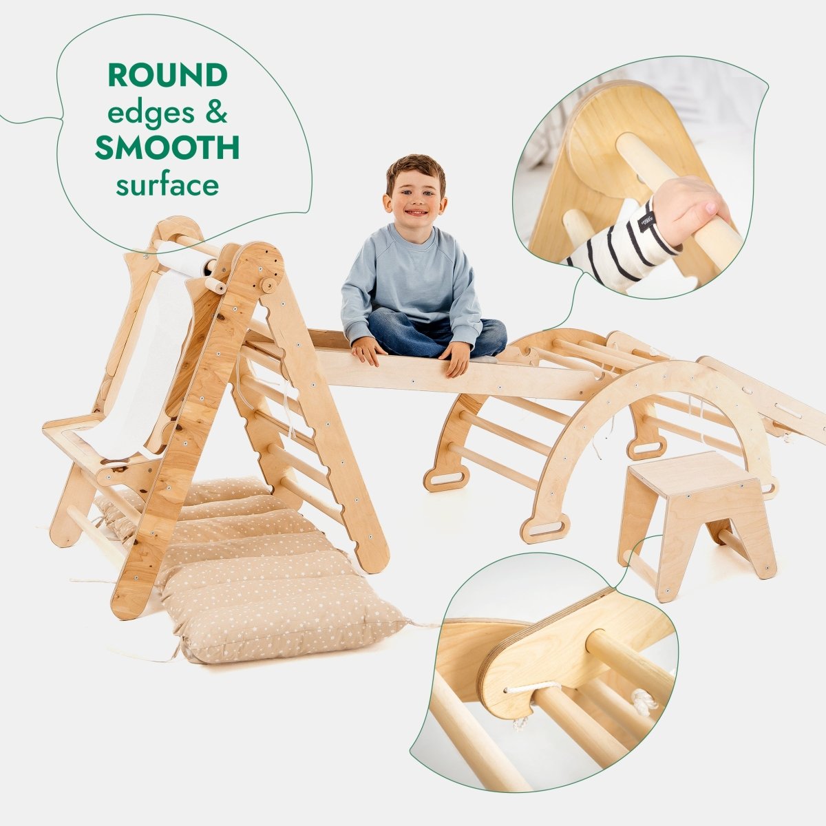 Wooden climbing toy with round edges and smooth surface, child sitting on it, and close-up of wooden surface.