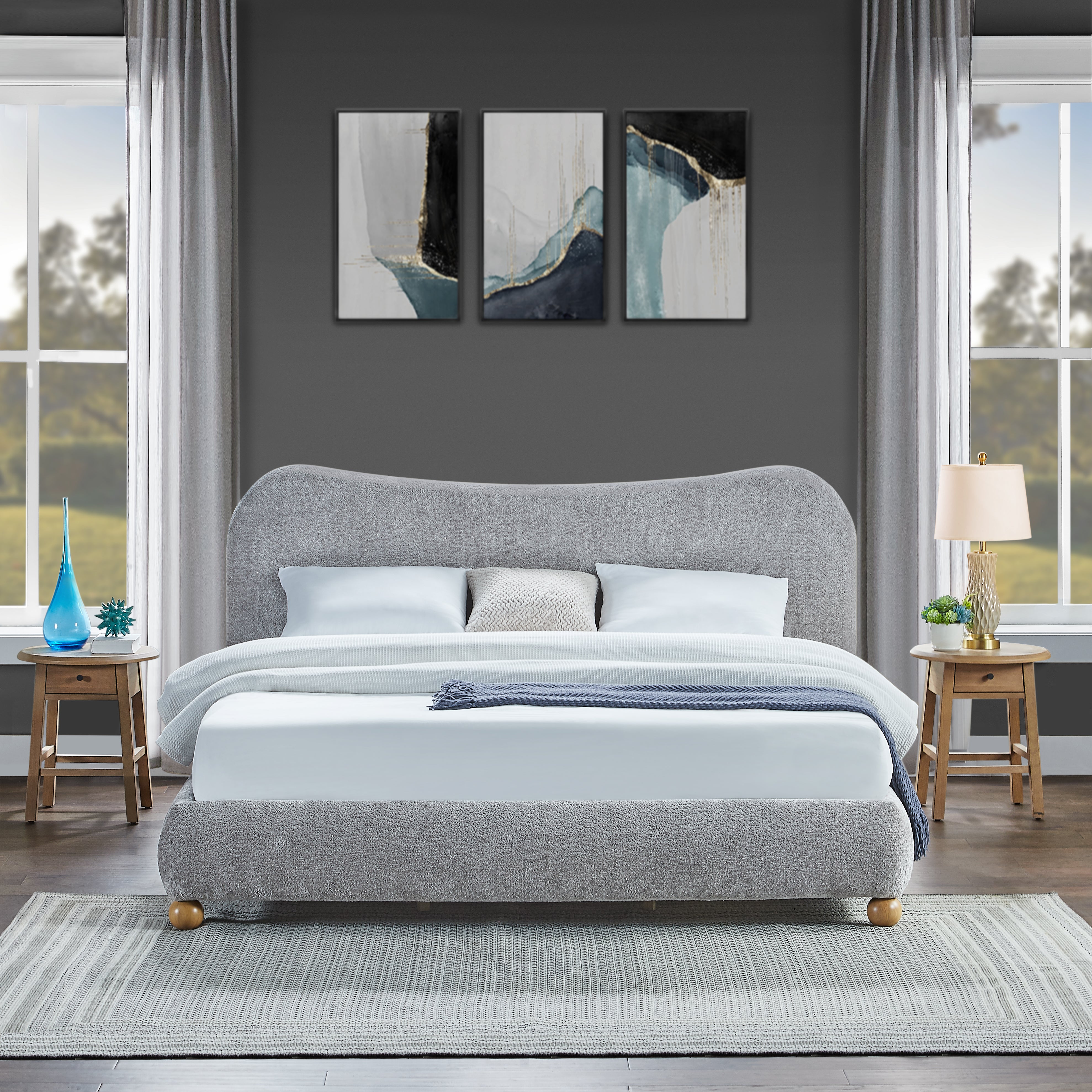 Lunara Gray Upholstered Platform Bed with Bun Feet Secondary image