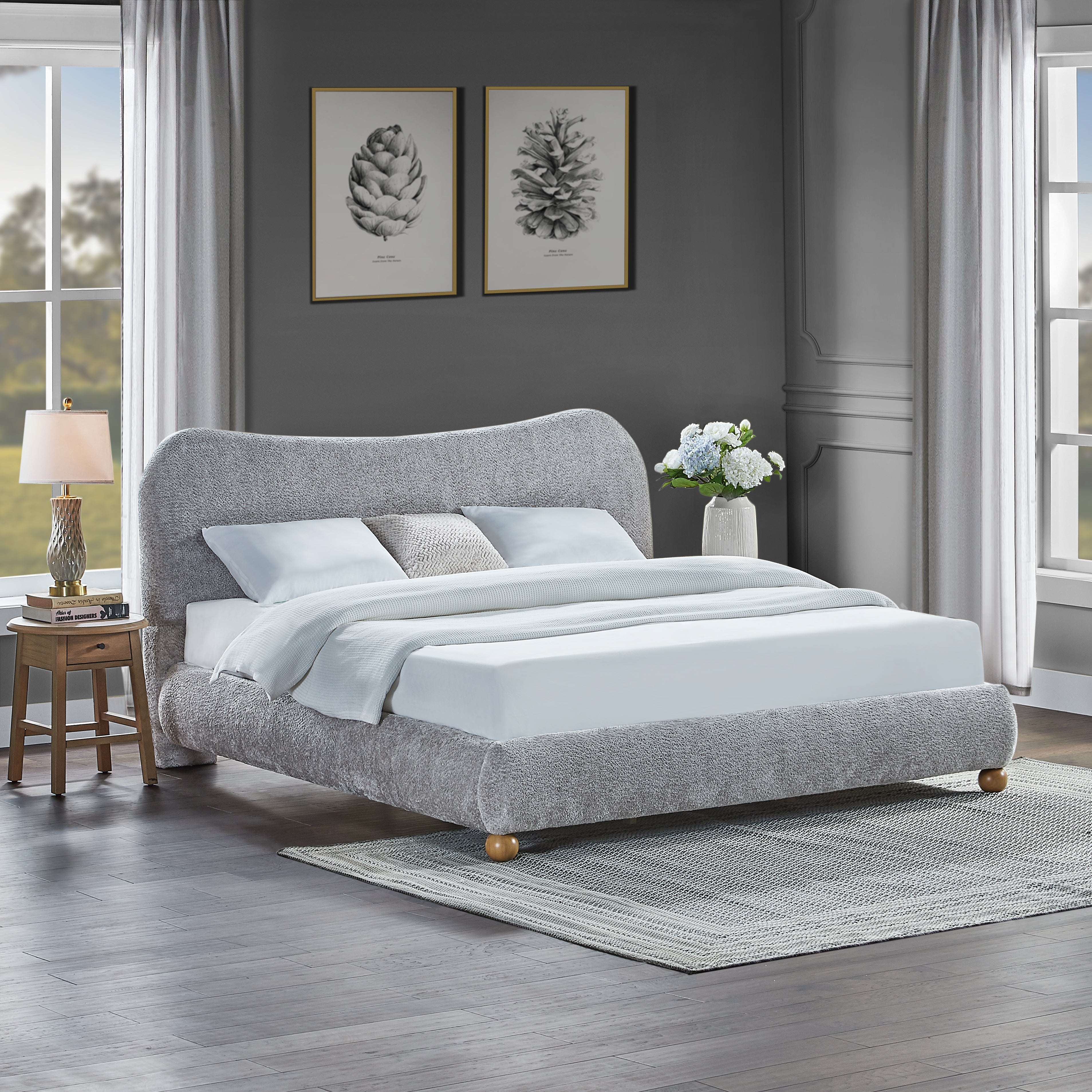 Lunara Gray Upholstered Platform Bed with Bun Feet Main image