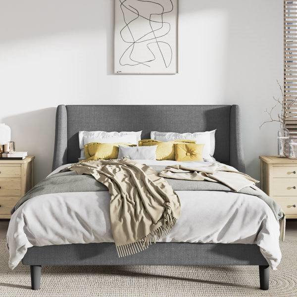 King Size Upholstered Wingback Platform Bed in Grey