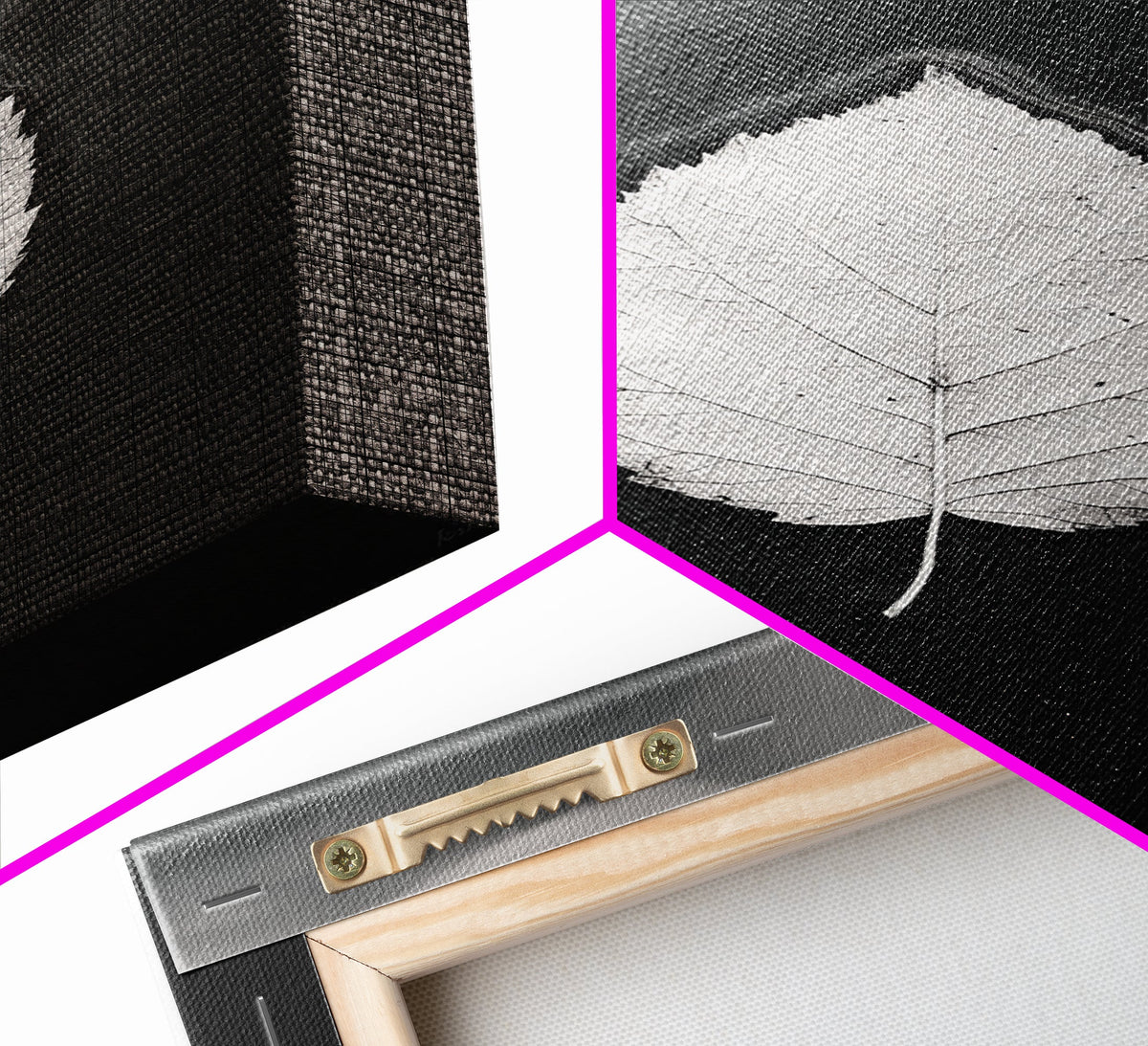 Close-up of a framed artwork with a detailed leaf design on black fabric.