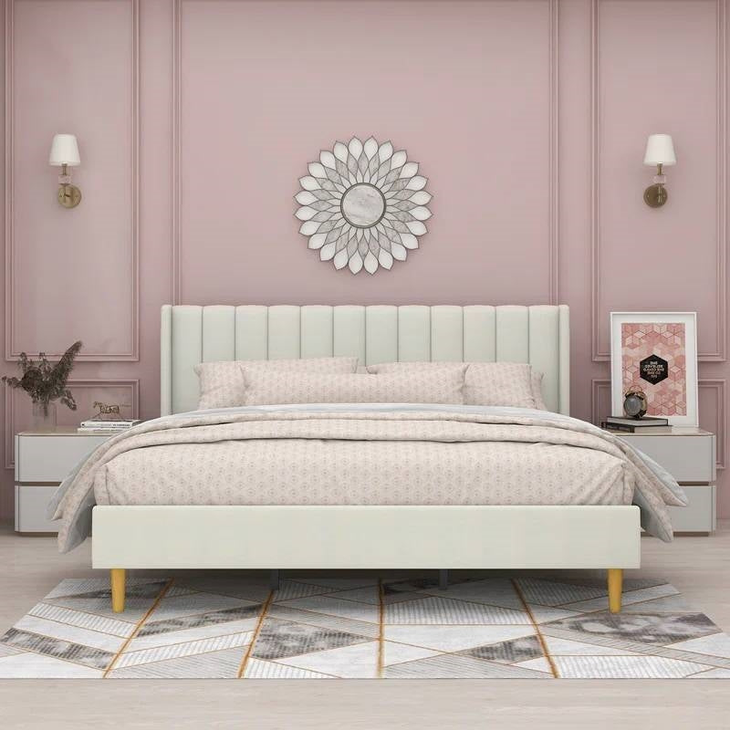 King Mid-Century Velvet Platform Bed Frame with Wingback Headboard Main image