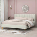 King Mid-Century Platform Bed Frame with Cream Velvet Upholstered Headboard