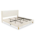 King Mid-Century Platform Bed Frame with Cream Velvet Upholstered Headboard