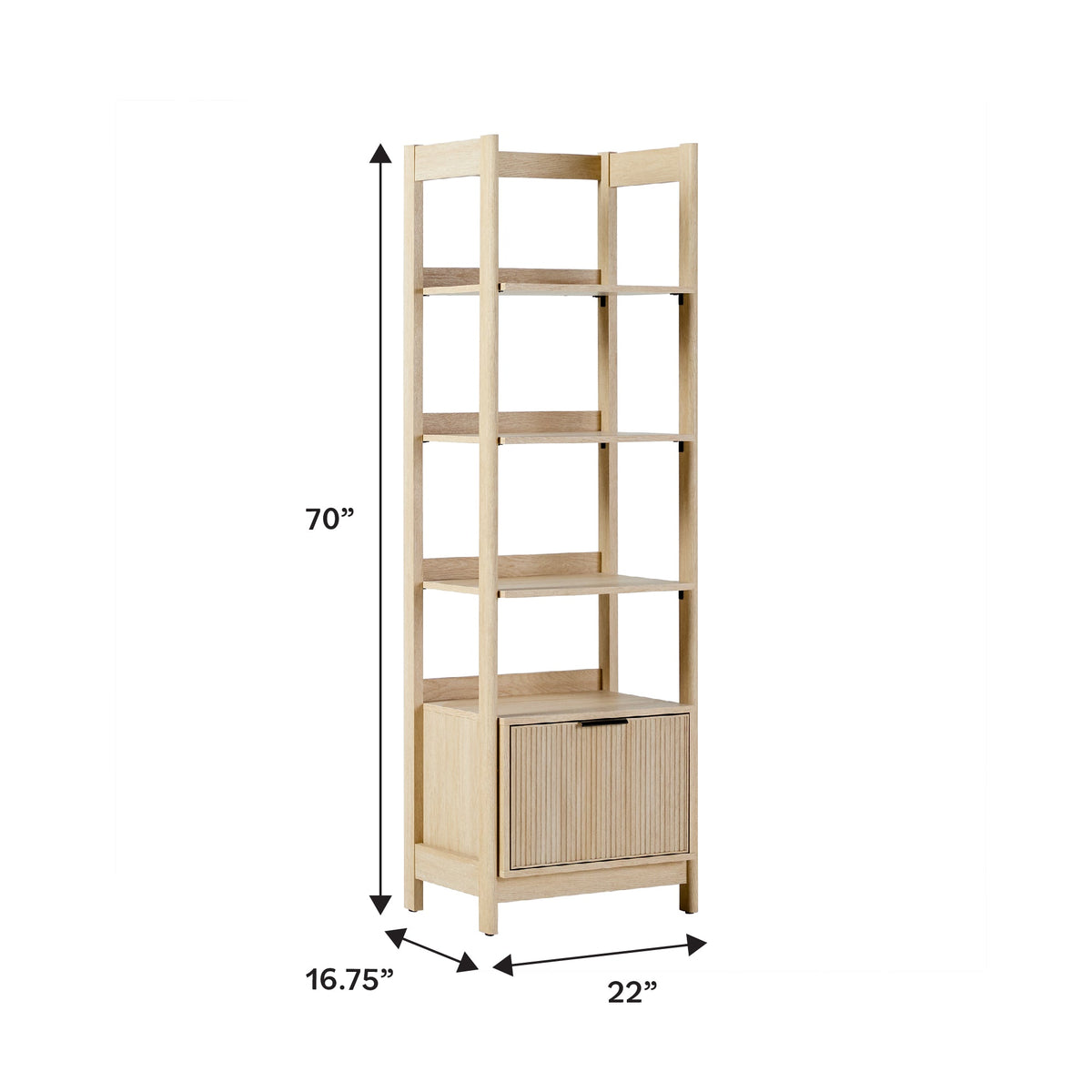 Wooden bookshelf with dimensions on a white background