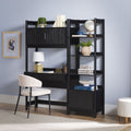 Black desk with shelves and chair against a light blue wall.