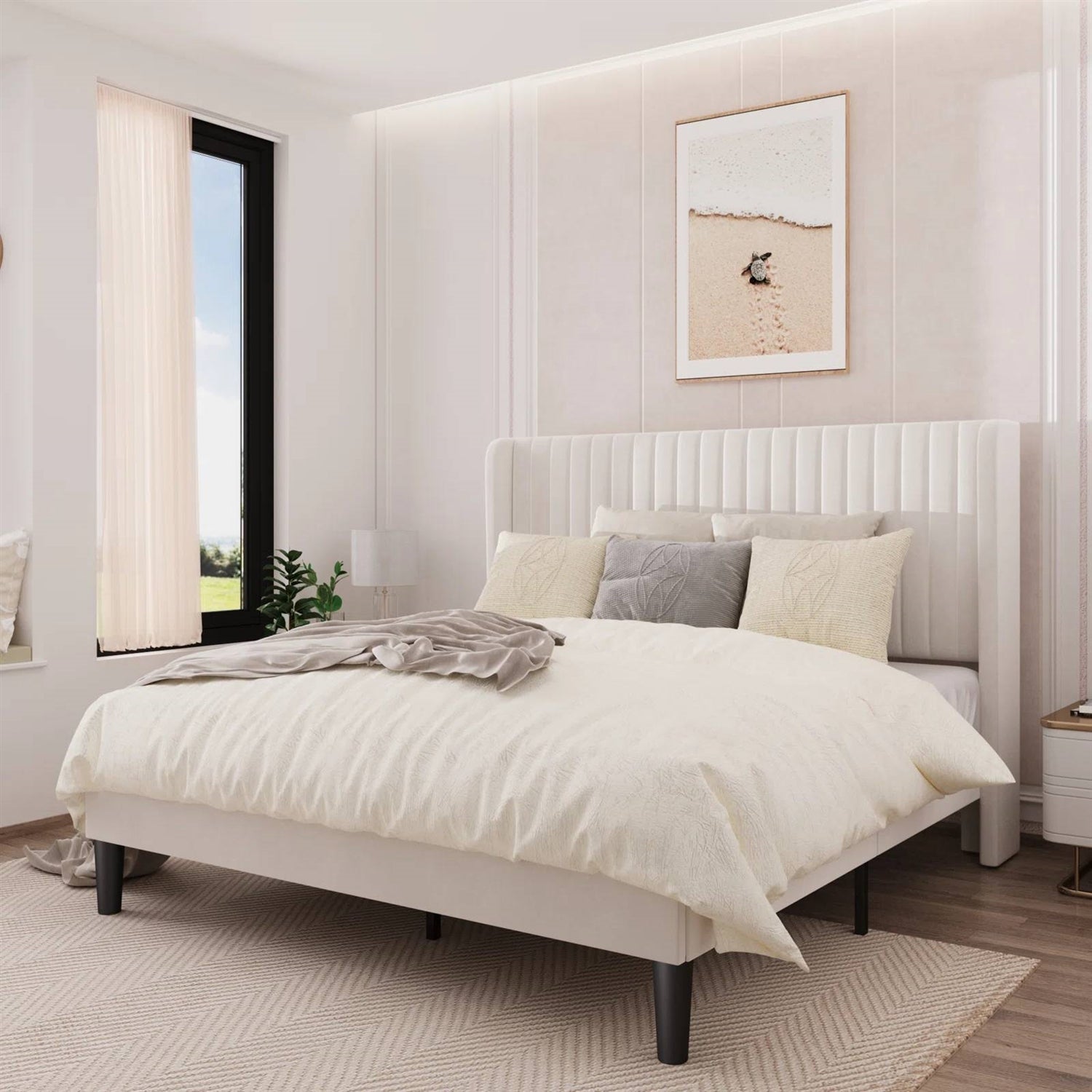 White Velvet Upholstered Platform Bed Frame with Wingback Headboard – Queen Main image