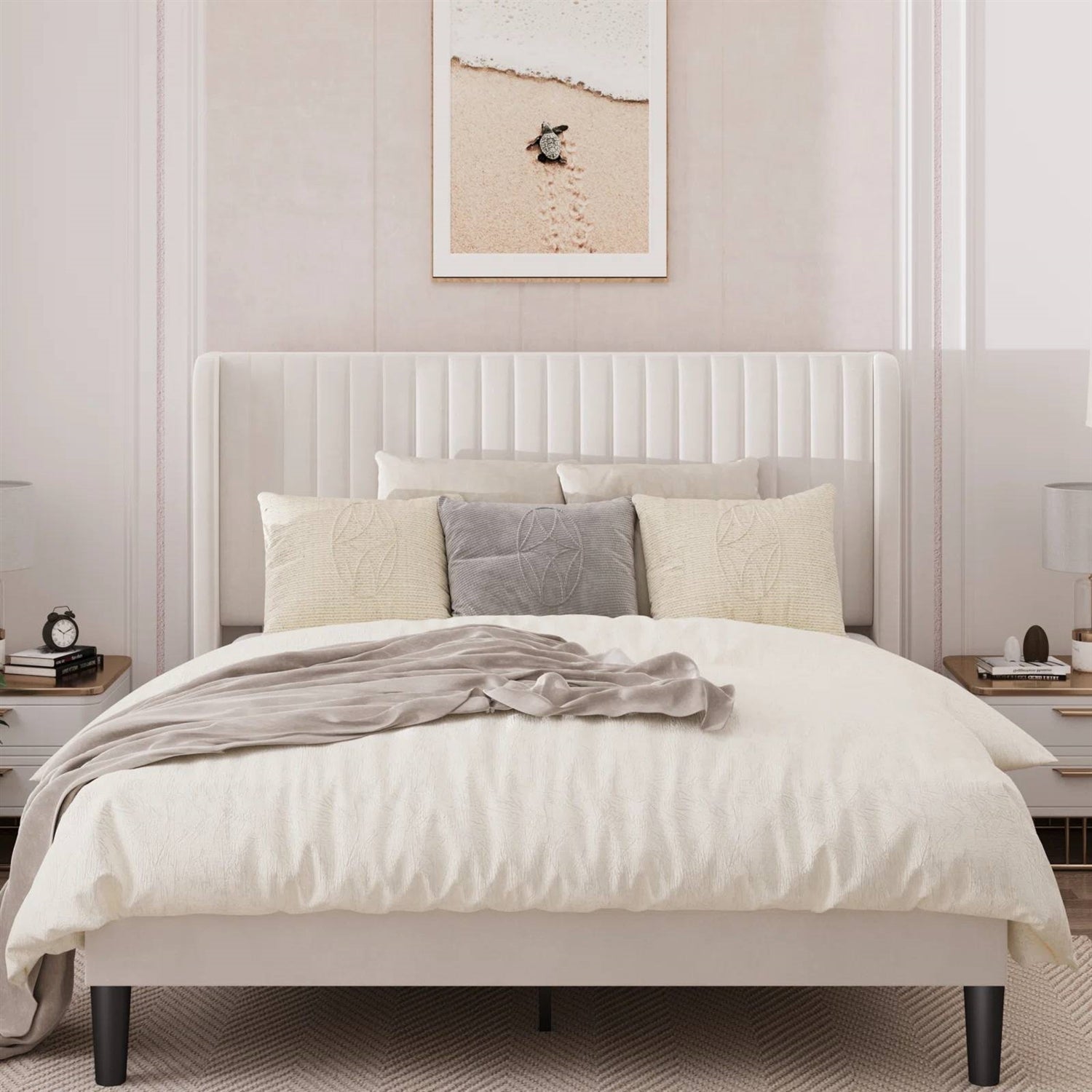 White Velvet Upholstered Platform Bed Frame with Wingback Headboard – Queen Secondary image