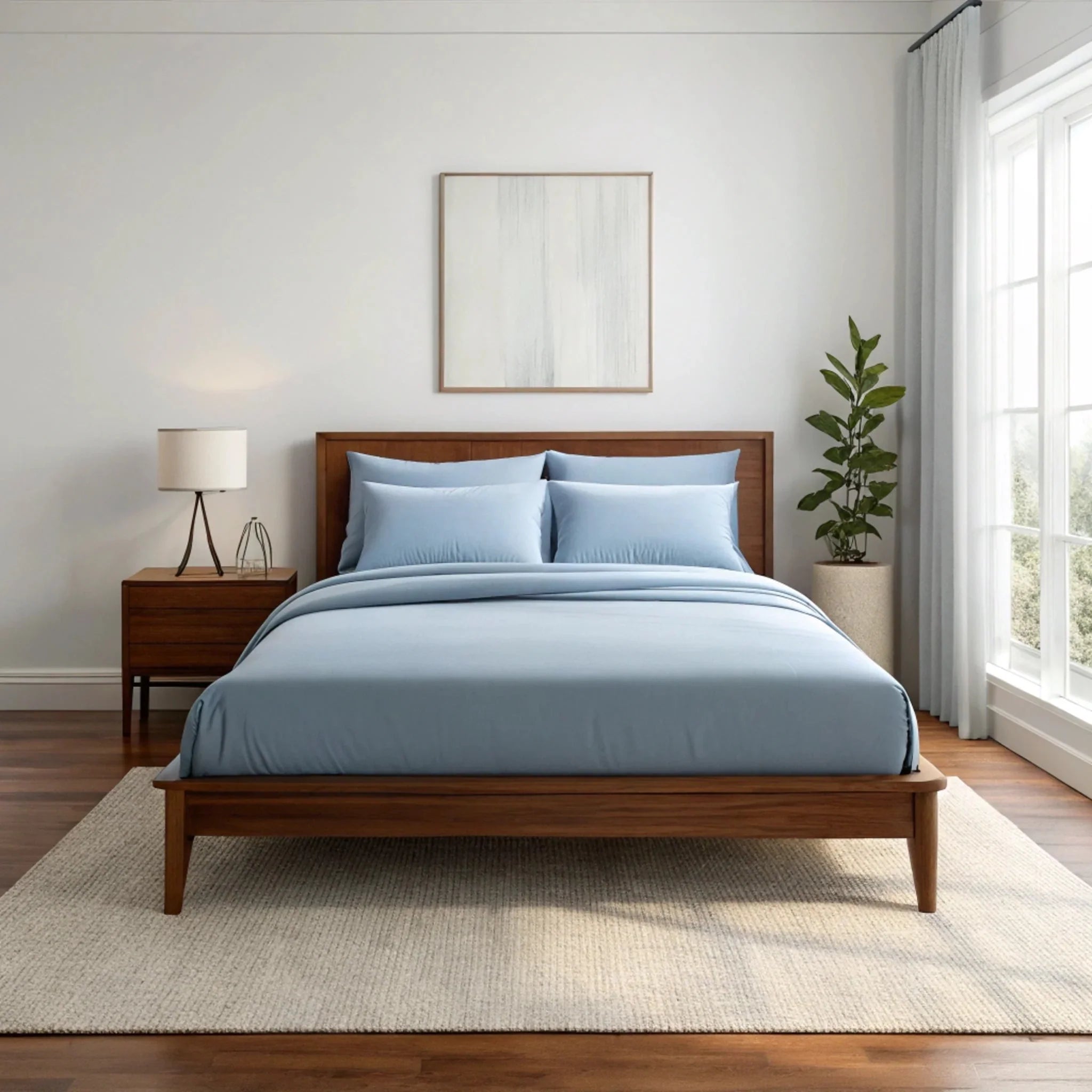 Wide-angle view of bedroom with dusty blue bamboo sheets on walnut bed frame, featuring matching nightstand, ceramic lamp, glass vase with greenery, soft rug, and minimal wall art Main image