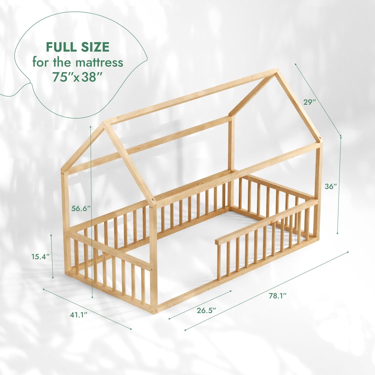Wooden crib with dimensions labeled on a white background